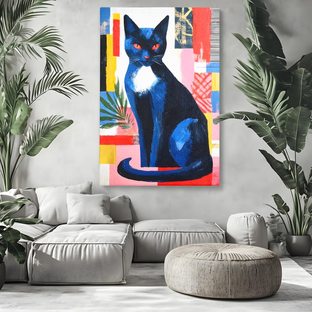 Tablou canvas cu tablou canvas cu pisica albastra stilizata, fara rama, pe sasiu de lemn, pe perete intr-un living